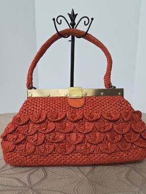 Patricia Nash Ferrara Woven Raffia Frame Bag, Koi Orange Satchel!